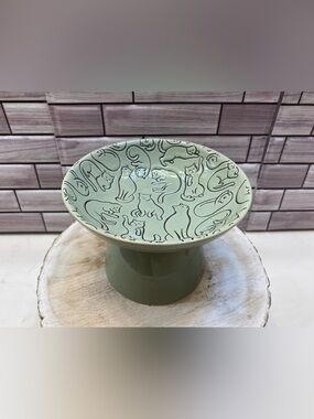 Signature❤️ (1)Yoga cat screen embossed Elevated cat L bowl  4x6” Green New